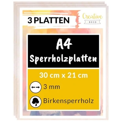 Abbildung von Creative Deco 3 x A4 Sperrholzplatte 3mm 300 210 (+/ 0,5) mm Birkensperrholz Dünne holz Zuschnitte Perfektes Blatt für Laubsäge, Brandmalerei, Laserschnitt, CNC Router, Durchbrochenes