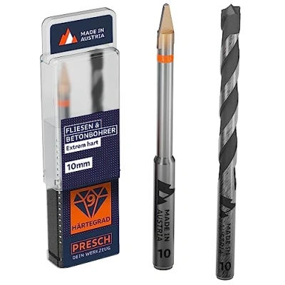 Abbildung von Presch Fliesenbohrer und Betonbohrer Set ⌀ 10mm Feinsteinzeug Bohrer für Keramik, harte Fliesen, Porzellan Glas Profi Porzellanbohrer, Keramikbohrer inkl. passendem Box