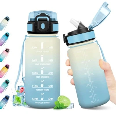 Abbildung von Trinkflasche 500ml, mit Zeitmarkierung, Sport Wasserflasche Strohhalm, Auslaufsicher, BPA frei, für Gym, Fahrrad, Büro, Outdoor, Erwachsene, Schule, Yoga,