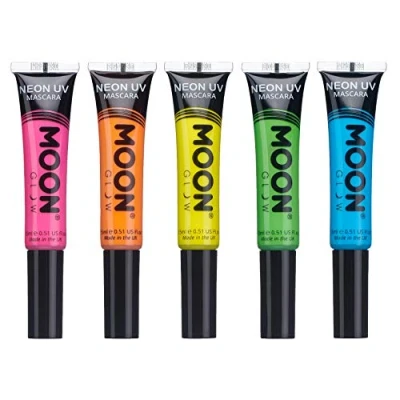 Abbildung von Moon Glow Neon UV Mascara, leuchtende Neonfarbe, leuchtet unter Beleuchtung, Make up (Orange, Blau, Grün, Rosa, 15 ml (5er Pack))
