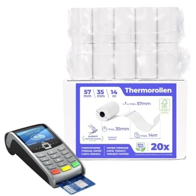 Abbildung von SWIPARO Ec Cash Thermorollen 57mm x 14m 12mm Kassenrollen Thermopapier Bonrollen für Bankomat Kredit Kartenlesegeräte 57x35x12 (20 Stk.)