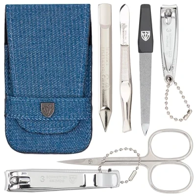 Abbildung von DREI SCHWERTER Germany 6 tlg. Maniküreset &#039;Massa&#039; Nagelpflegeset in Textiletui Jeans Blau Inhalt: Nagelschere, Hautschere, Nagelzange, Pinzette, Saphirnagelfeile und vieles mehr!