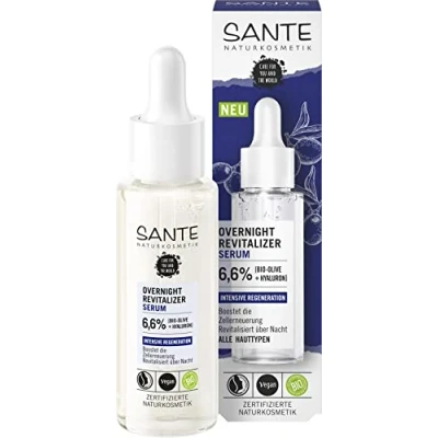 Abbildung von SANTE Naturkosmetik Serum mit Bio Olive &amp; Hyaluron, Für eine intensive Regeneration der Haut und ein geschmeidiges Hautgefühl, Vegan, Overnight Revitalizer Serum, 30 ml