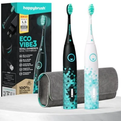 Abbildung von happybrush® Schallzahnbürste Doppelpack inkl. Reiseetui Eco VIBE 3 Nachhaltige Elektrische Zahnbürste Mit 6 Wochen Power Akku und praktischem Travel Lock Schwarz/Mint Weiß/Mint