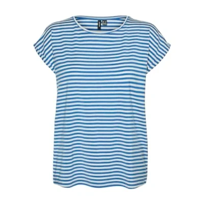 Abbildung von VERO MODA Damen VMAVA Plain SS TOP Stripe GA JRS NOOS T Shirt, Ibiza Blue/Stripes:Pristine, Medium