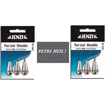 Abbildung von .Jenzi Set: 2 Packungen Birnenblei, 25 Gramm, x 3 Stück,mit Wirbel/Öse .+ gratis Petri Heil! Aufkleber