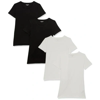 Abbildung von Amazon Essentials Damen Kurzärmeliges T Shirt mit Rundhalsausschnitt, Klassischer Schnitt, 4er Pack, Schwarz/Weiß, XL