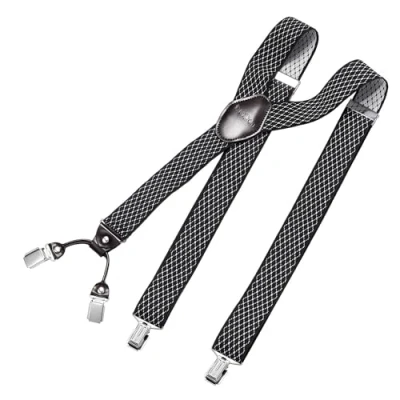 Abbildung von DonDon Hosenträger Herren extra stark 3,5 cm breit mit 4 Clips in Y Form und braunem Leder Patch, Muster Schwarz Weiß