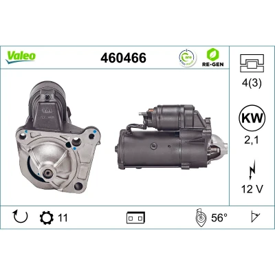Abbildung von VALEO 460466 Anlasser 12 2,1 11 RENAULT: ESPACE 4, LAGUNA 2, MEGANE OPEL: Vivaro A Van, Combi