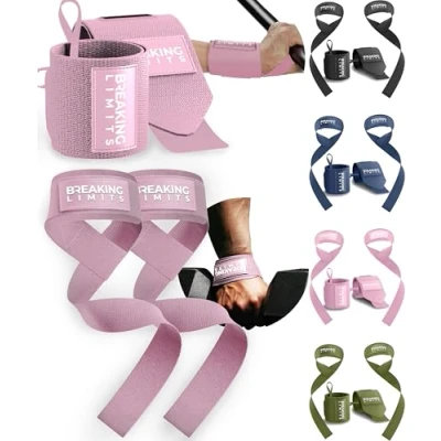 Abbildung von Breaking Limits Zughilfen &amp; Handgelenkbandagen für Krafttraining, Gewichtheben, Bodybuilding, Fitness, Powerlifting Lifting Straps Wrist Wraps (Rosa)