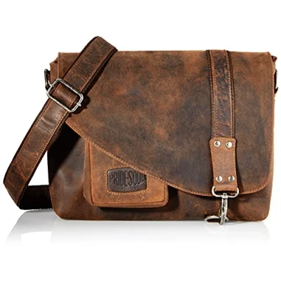 Abbildung von Pride and Soul 47144 Umhängetasche Mrs. Noel, Alltagstasche hergestellt aus echtem Leder, Hauptfach mit Handytasche und Stiftschlaufen, Ledertasche braun, Businesstasche ca. 32 x 28 11,5 cm