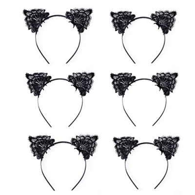 Abbildung von JZK 6 x Schwarz Lace Katze Ohren Haarreif Haarband Haar Band für Halloween Weihnachten Karneval Cosplay Festival Party Accessories kinder Mädchen Frauen