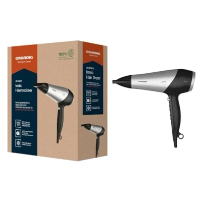 Abbildung von GRUNDIG HD 6080 L Haartrockner 2200 W, Föhn, Ionen Funktion, 3 Temperatur und 2 Luftstromstufen, Kaltstufe, Keramikbeschichtung, 1,8 m Kabel, Schwarz/Silber