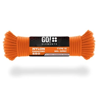 Abbildung von GO!elements 15m Paracord Seil aus reißfester Nylonschnur 4mm 550 Typ III Schnur geeignet als Allzweckseil &amp; Reepschnur Max. 250kg, Farbe: Orange
