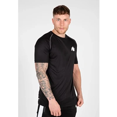 Abbildung von Gorilla Wear Performance T Shirt Schwarz Bodybuilding Sport Alltag Freizeit mit Logo Aufdruck leicht und bequem für optimale Bewegung aus Polyester, 4XL