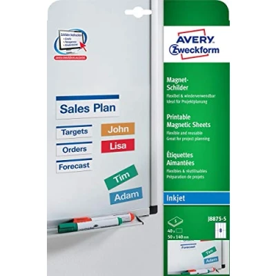Abbildung von AVERY Zweckform J8875 5 Magnet Schilder (40 Magnete, 50x140mm auf A4, spezialbeschichtet, bedruckbar, magnetische Haftung White Boards, Metalltafeln, uvm., für Inkjet Drucker) Blatt, weiß
