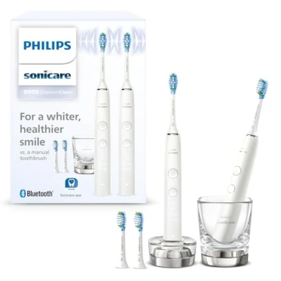 Abbildung von Philips Sonicare DiamondClean 9000 elektrische Zahnbürste, Doppelpack, Zahnbürste mit Schalltechnologie inklusive App, Drucksensor, 4 Putzmodi, 3 Intensitätsstufen, Ladeglas, weiß, Modell HX9914/62