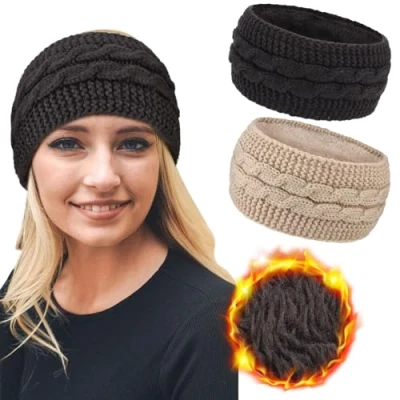 Abbildung von DRESHOW Damen Warm Gestricktes Stirnband Winter Ohrenwärmer Gehäkelte Kopfwickel Dickes Fleecefutter Haarbänder