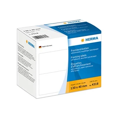 Abbildung von HERMA 4318 Frankieretiketten für Frankiermaschinen, doppelt, 130 x 40 mm, 1000 Stück, selbstklebend, matt, 2fach Papier Frankier Etiketten Klebeetiketten Aufkleber, weiß