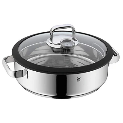 Abbildung von WMF Vitalis Aroma Dampfgarer 28 cm, Bräter rund 5,0l, Glasdeckel mit Silikonrand, Garthermometer, Garblech, Cromargan Edelstahl unbeschichtet, backofenfest