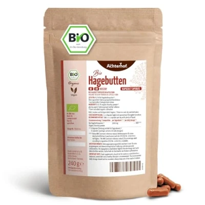Abbildung von Hagebuttenkapseln Bio Nachfüllpack 400 Stück feines Hagebuttenpulver in Kapselform Qualität über 66 Tagesdosen vegane Kapselhülle vom Achterhof