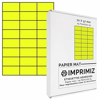 Abbildung von 600 Selbstklebende Etiketten Neon Gelb von 70 x 37 mm 24 Etiketten/Blatt 25 Blatt A4 / Papier matt Farbe Für Inkjet/Laser/Kopier Drucker farbig