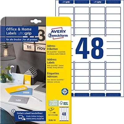 Abbildung von AVERY Zweckform 7636 10 Adressetiketten/Adressaufkleber (480 Etiketten mit ultragrip, 45,7x21,2mm auf A4, bedruckbar, selbstklebend, für Absenderetiketten, ideal fürs HomeOffice) Blatt, weiß