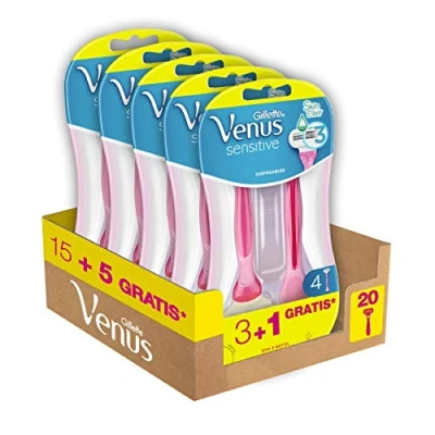 Abbildung von Gillette Venus Sensitive Damenrasierer, 3 + 1 Rasierer, Packung mit 20 Rasierklingen (3 Klingen), glatte Rasur feuchtigkeitsspendendem Einweg Streifen, Geschenkidee