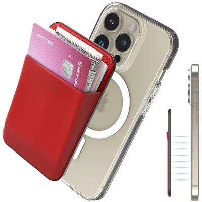 Abbildung von Sinjimoru Rutschfester Magnetischer Handy Kartenhalter für MagSafe, Kreditkartenetui Wallet Magnetic Card Holder kompatibel mit iPhone 15 14 13 12 Reihe. M Basic Red