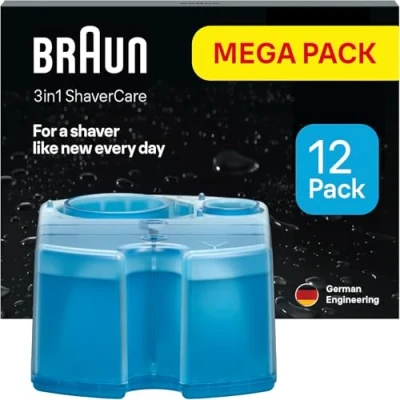 Abbildung von Braun 3 in 1 ShaverCare Reinigungskartuschen für Reinigungsstationen, reinigt Rasierer 10x besser als Wasser, ORIGINAL Kartusche, hygienische Reinigung, Entfernt Haare und Hautpartikel, 12er Pack