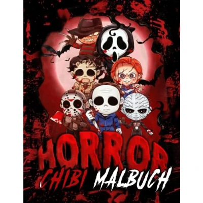 Abbildung von Horror Malbuch: Gruselige Chibi Illustrationen zum Ausmalen Halloween Malvorlagen für Erwachsene, Frauen Serienmörder Fans Entspannen und Stressabbau