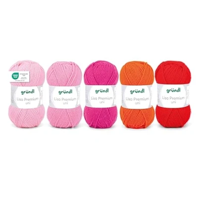 Abbildung von Gründl Wolle Lisa Premium uni, Garn zum Stricken und Häkeln aus 100% Polaycryl, 50 g / 133 m, 5 x Knäuel, Strickset, Rosa Pink Orange Rot