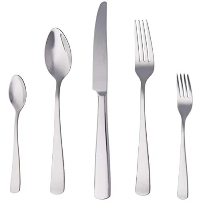 Abbildung von Amazon Basics Essbesteck Set mit Eckiger Rand, Edelstahl, 20 Stück Set, für 4 Personen, Silberfarben