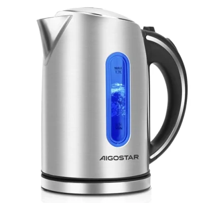 Abbildung von Aigostar King Wasserkocher Edelstahl 1,7 liter, Elektrischer mit Kalkfilter, LED Beleuchtung Wasserstandsanzeige, 2200 Watt, Verdecktes Heizelement, Abschaltautomatik, BPA frei