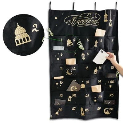 Abbildung von Papierdrachen Ramadankalender als Wandkalender aus Stoff zum Befüllen schwarz hochwertig bestickt Stoffbeutel Baumwolle wiederverwendbar Set 6