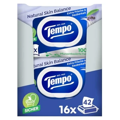 Abbildung von Tempo Feuchte Toilettentücher Natural Skin Balance 16 Packungen Mit je 42 Tüchern Panthenol und Kräuterextrakt Herunterspülbar