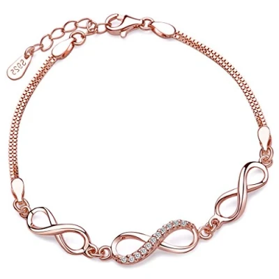 Abbildung von Yumilok Roségold 3 Infinity Unendlichkeit Symbole 925 Sterling Silber Zirkonia Charm Armband Armkette Armschmuck für Damen Mädchen, 6.3 7.5&quot; Verstellbar (Rosegold)