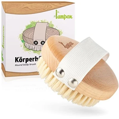 Abbildung von lampox® Runde Körperbürste, Trockenbürste rund, Peelingbürste, Massagebürste, Peeling körper, Bürste zum Entfernen abgestorbener Haut, verbessert Lymphfunktionen
