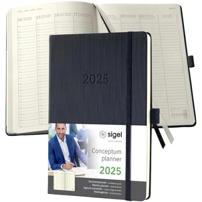Abbildung von SIGEL C2519 Planungsbuch Terminplaner Wochenkalender 2025, ca. A5, 1 Woche = 2 Seiten, Spalte pro Tag, schwarz, Hardcover, 192 Stiftschlaufe, Archivtasche, Conceptum