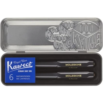 Abbildung von Moleskine x Kaweco Füllfederhalter aus ABS Kunststoff mit Vergoldeter Feder der Größe M und Kugelschreiber, Nachfüllmine 1,0mm Blauer Tinte 6 Blaue Tintenpatronen Inklusive, Farbe Schwarz