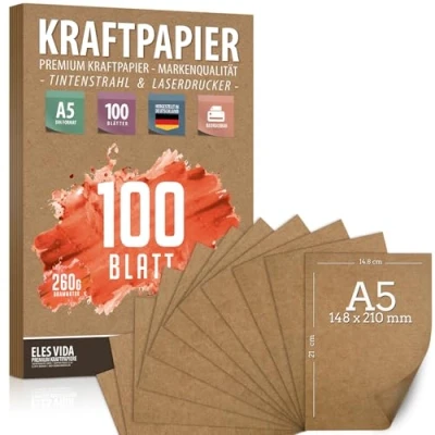 Abbildung von 100 Blatt Kraftpapier A5 Set 260 g 14,8 x 21 cm DIN Format Bastelpapier &amp; Naturkarton Pappe Blätter aus Kraftkarton zum Drucken, Kartonpapier Basteln für Vintage Hochzeit Geschenke Etiketten