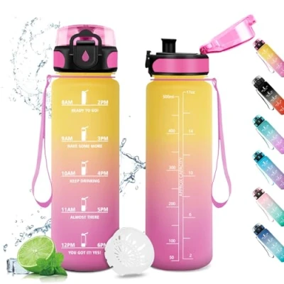 Abbildung von Trinkflasche 500ml, Sport Kohlensäure Geeignet, Wasserflasche Auslaufsicher, Fahrrad mit Zeitmarkierung und Filter, für Kinder, Outdoor, Camping, Büro, Sport, Fitness