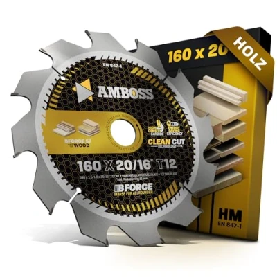 Abbildung von HM Kreissägeblatt 160x20 16 Z12 Wechselzahn für Akku Holz Zuschnitt. AMBOSS WERKZEUGE® Sägeblatt 160mm +Reduzierring 20mm. 160x16 komp. zu Festool TS 55 F. TSC K. HK 55. HKC Bosch