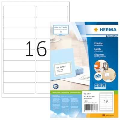 Abbildung von HERMA 4267 Adressetiketten, 100 Blatt, 99,1 x 33,8 mm, 16 pro A4 Bogen, 1600 Stück, selbstklebend, bedruckbar, matt, blanko Papier Adressaufkleber Etiketten, weiß