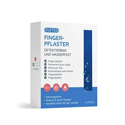 Abbildung von Pflaster detektierbar &amp; wasserfest in Blau 2cmx12cm Fingerpflaster Set 50 Stück detectable waterproof bandaid Pflasterset ideal für Lebensmittelindustrie