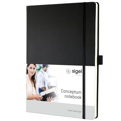 Abbildung von SIGEL CO116 Premium Notizbuch liniert, A4+, Hardcover, schwarz, aus nachhaltigem Papier Conceptum mit Seitenzahlen, Inhaltsverzeichnis, Stiftschlaufe, Falttasche