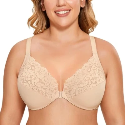 Abbildung von DELIMIRA Damen Vorderverschluss BH mit Bügel Vollständige Abdeckung Große Größen Beige 80G