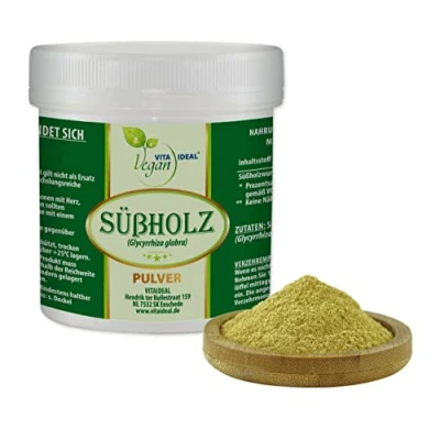 Abbildung von VITAIDEAL VEGAN® Süßholzwurzel Pulver (Glycyrrhiza) 100g inklusive Messlöffel, rein natürlich ohne Zusatzstoffe.