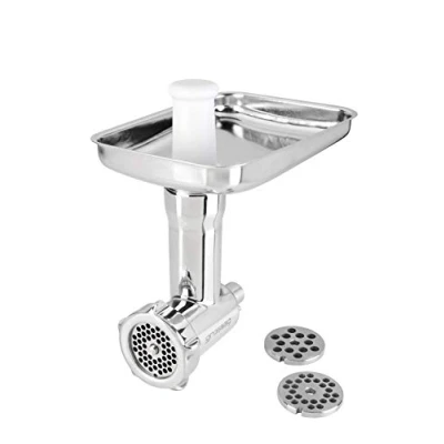 Abbildung von grossag Fleischwolf Edelstahl Aufsatz kompatibel mit Kitchen Aid Küchenmaschine spülmaschinenfest Vorsatz inkl. 3x Lochscheibe Stopfer Zubehör für KitchenAid Fleischkutter KFW 500