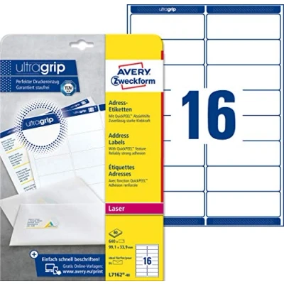 Abbildung von AVERY Zweckform L7162 40 Adressetiketten/Adressaufkleber (640 Etiketten mit ultragrip, 99,1x33,9mm auf A4, bedruckbar, selbstklebend, für DIN lang Briefkuverts, Papier matt) Blatt, weiß